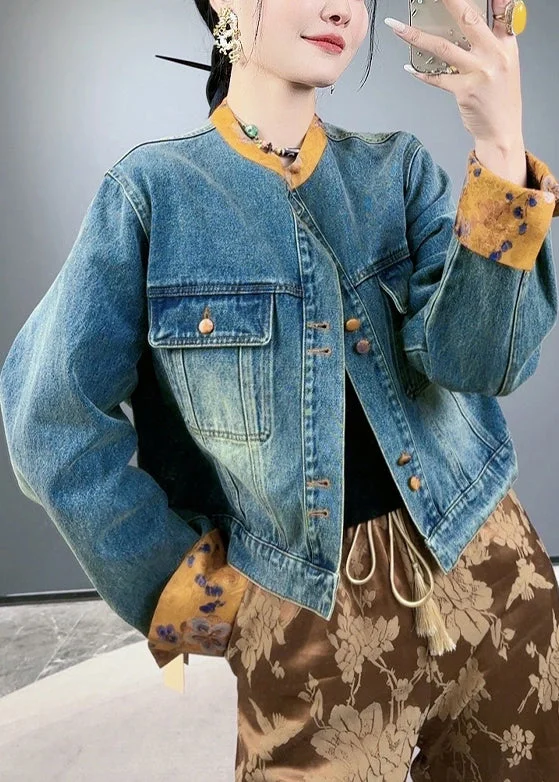 Loose Blue Button Pockets Patchwork Denim Coats Spring