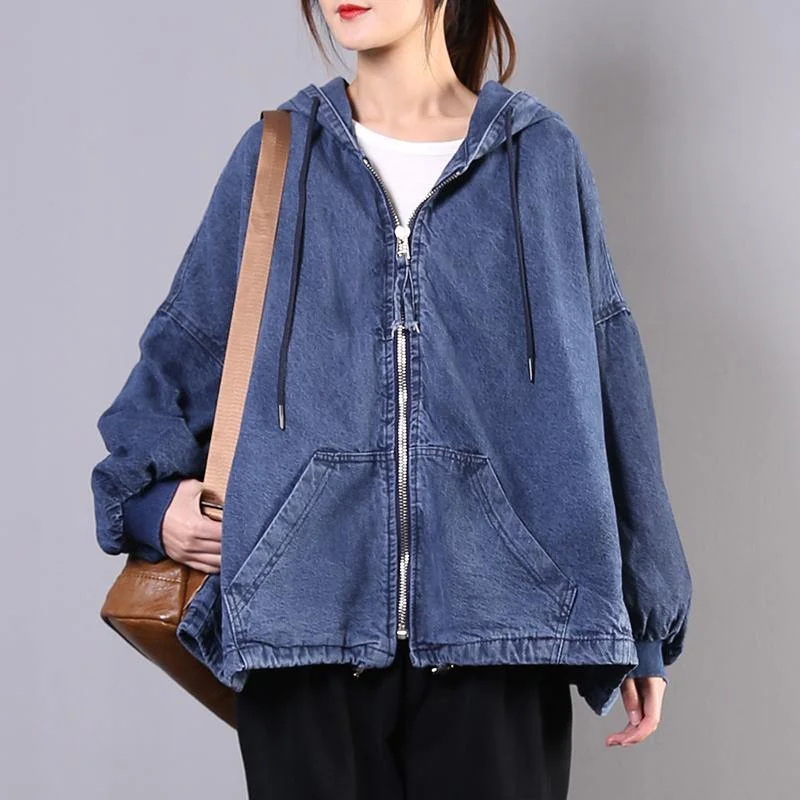 Loose hooded Batwing Sleeve Plus Size spring tunic coats denim blue daily coat