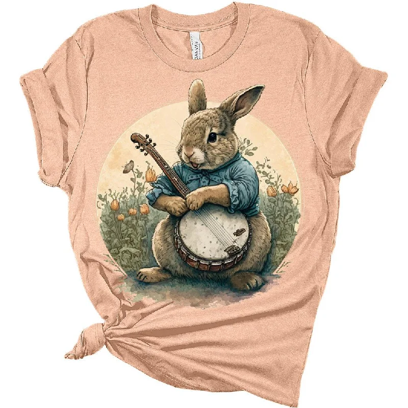 Womens Easter Bunny Shirt Rabbit Playing Banjo T Shirts Cottagecore Clothing Aesthetic Graphic Tees