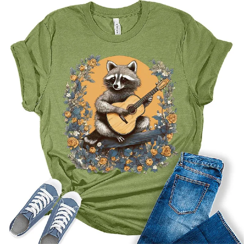 Womens Retro Raccoon Playing Guitar Shirt Cottagecore Clothing Animal Playing Music T-Shirts Cute Short Sleeve Graphic Tees Plus Size Summer Tops