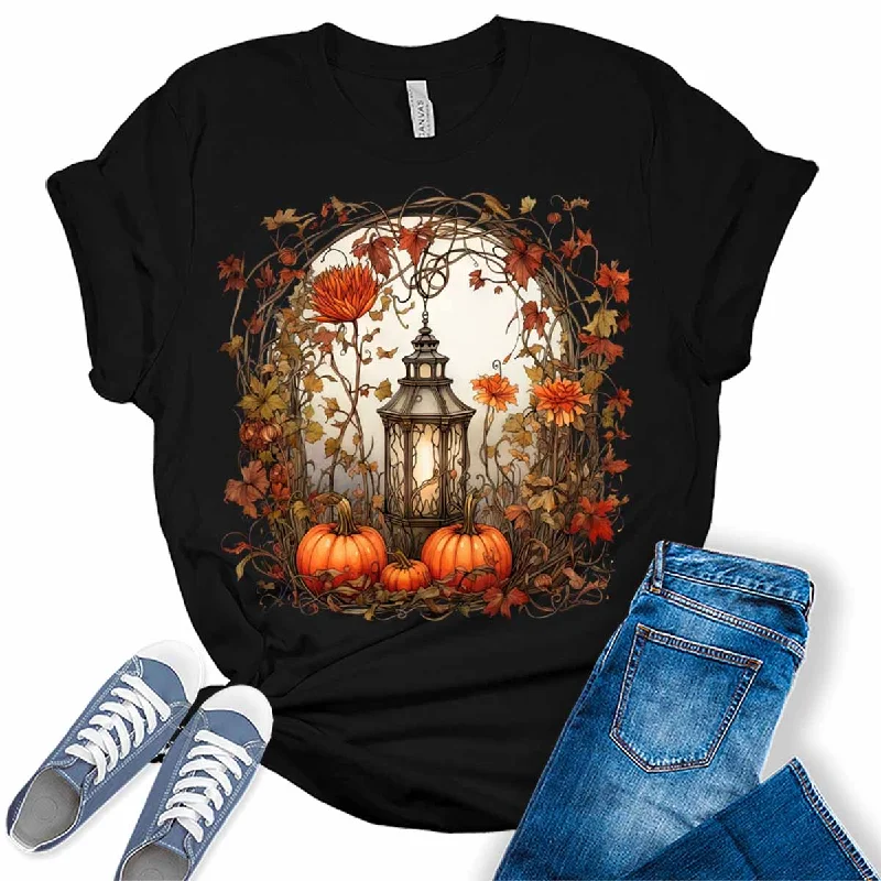 Womens Fall Floral Graphic Tees Pumpkin Shirts Lantern Halloween Tshirts Vintage Cute Short Sleeve Clothes