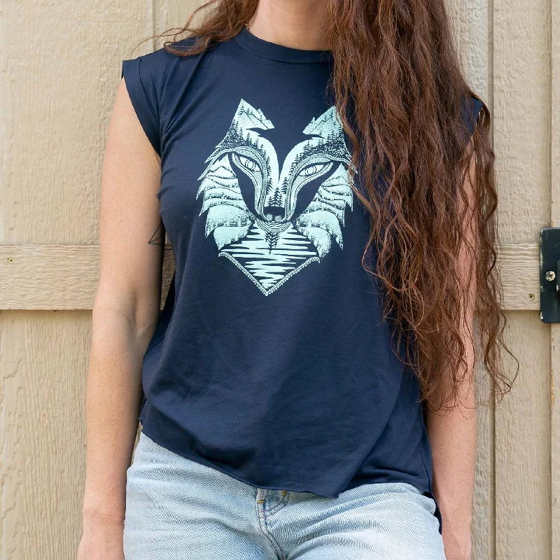 Wolf Flowy T-Shirt With Rolled Cuffs | Teal & Midnight Blue