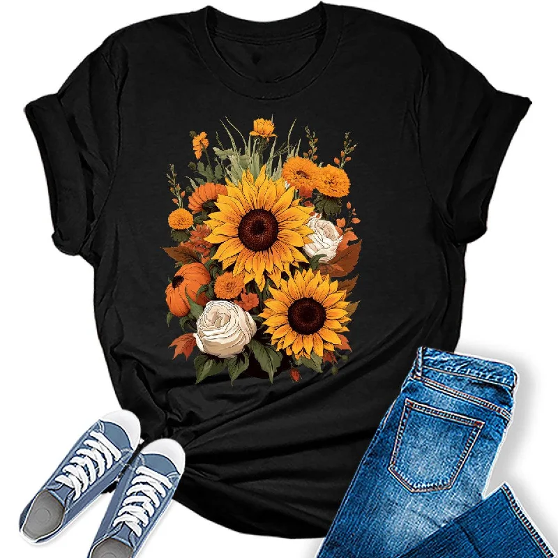 Womens Fall Vintage Tops Sunflower Tshirt Cottagecore Floral Graphic Tee Autumn Shirts