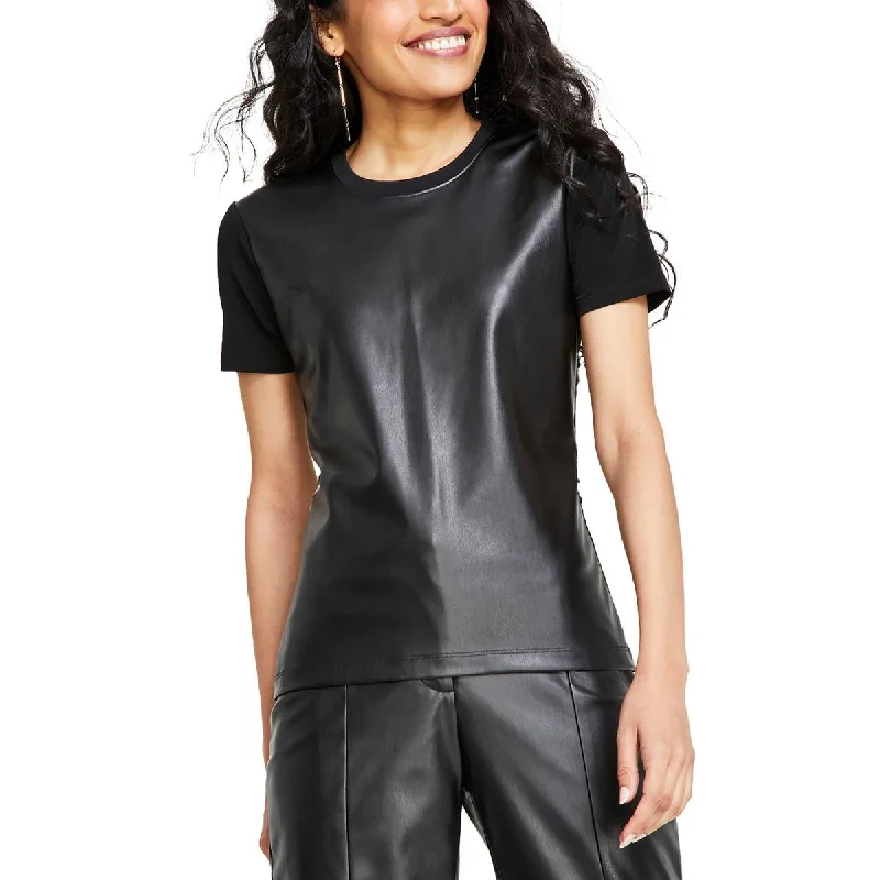 DKNY Womens Faux Leather Crewneck Pullover Top