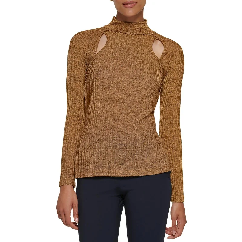 DKNY Womens Ribbed Metallic Pullover Top