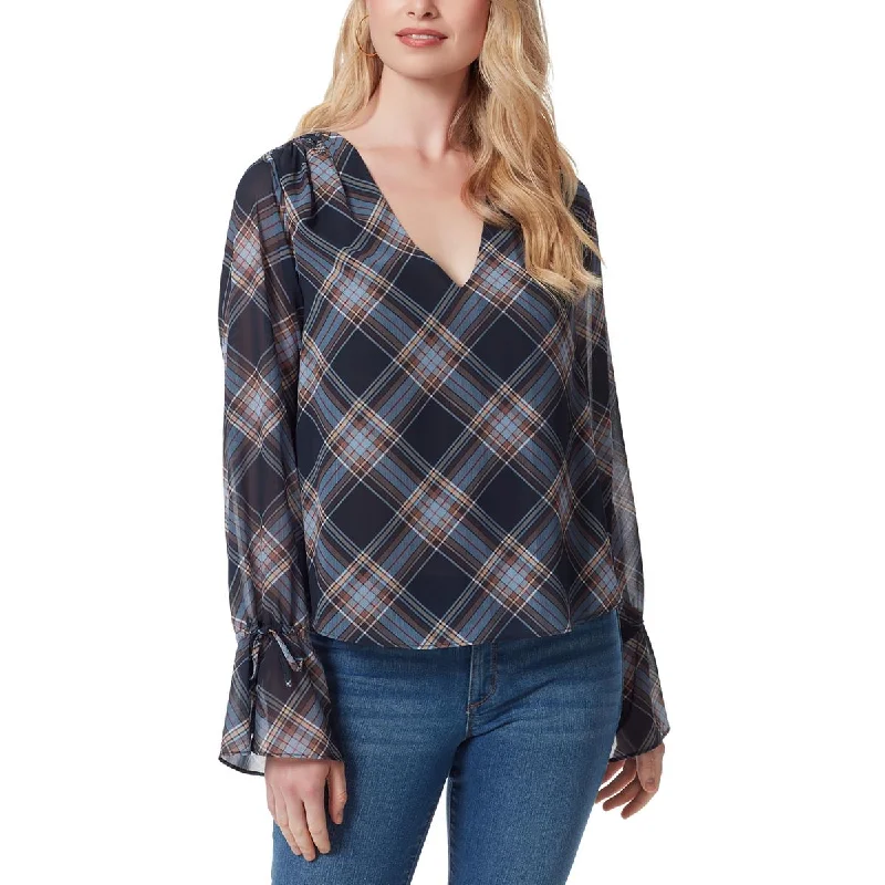 Jessica Simpson Womens Aurora Plaid V-Neck Pullover Top