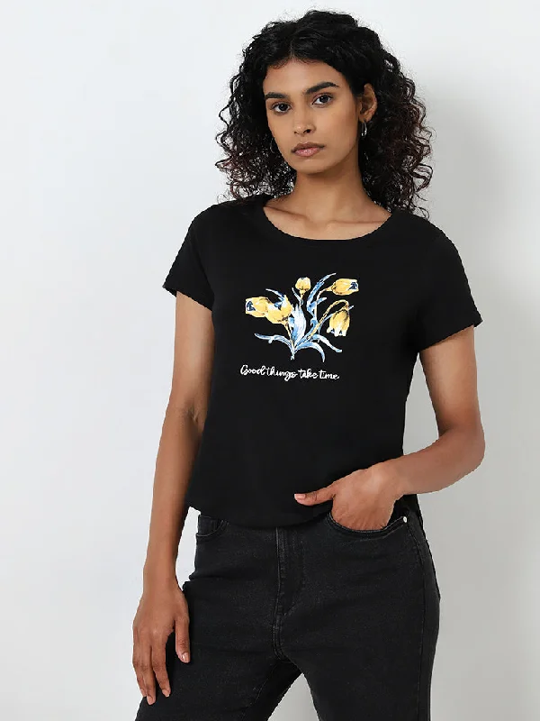 LOV Black Floral Design Cotton T-Shirt