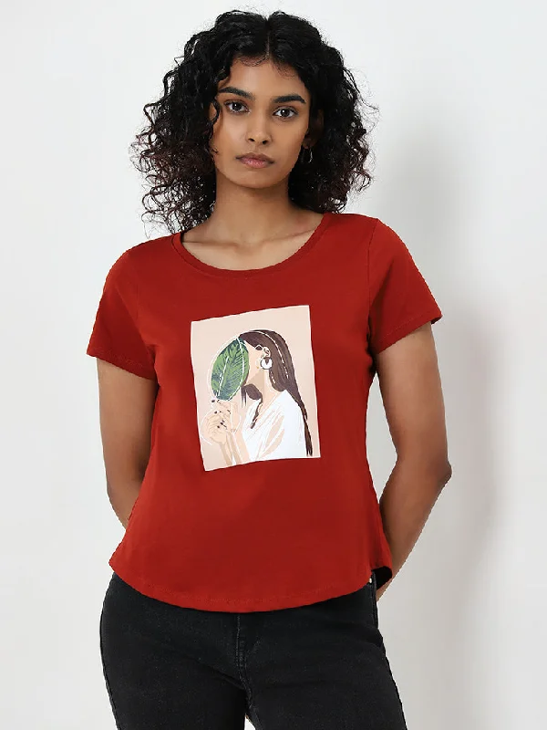 LOV Rust Printed Cotton T-Shirt