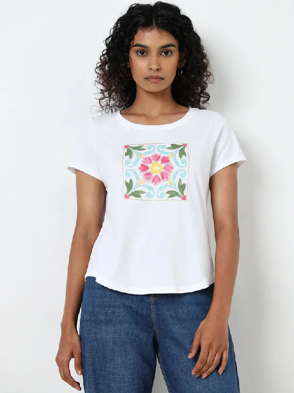 LOV White Floral Printed Cotton T-Shirt