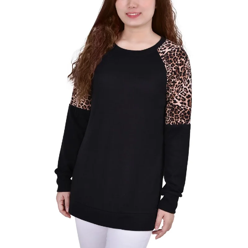 NY Collection Womens Petites Leopard Print Long Sleeve Pullover Top