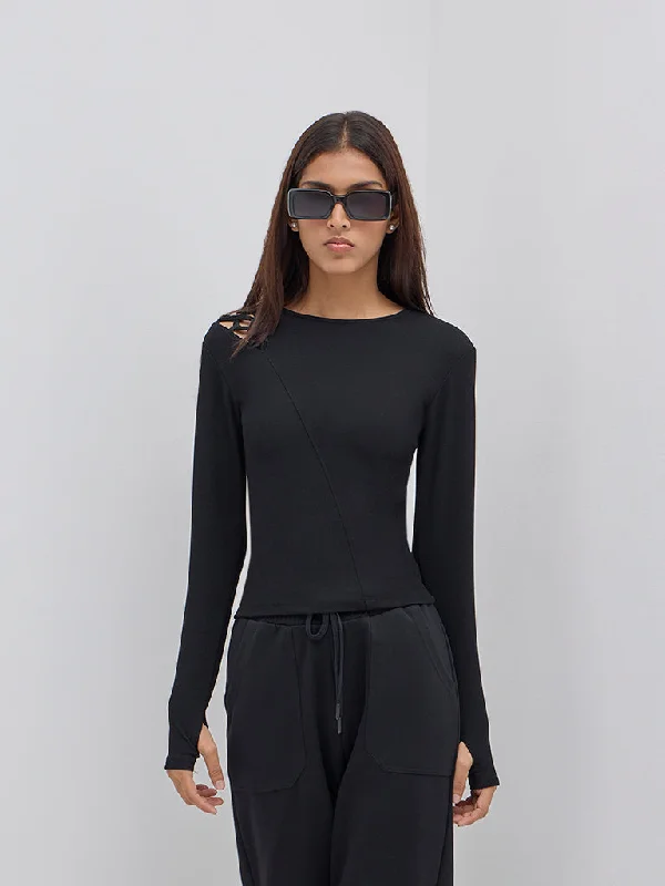 Studiofit Black Ribbed Textured T-Shirt