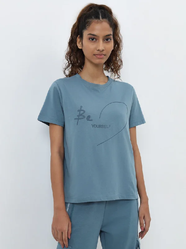 Studiofit Blue Text-Printed Cotton T-Shirt