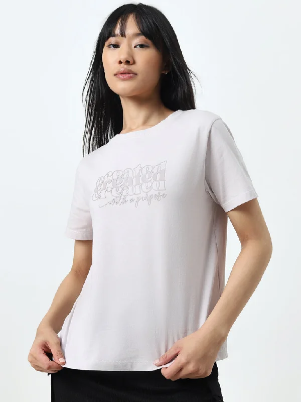 Studiofit Lilac Text Printed Cotton T-Shirt