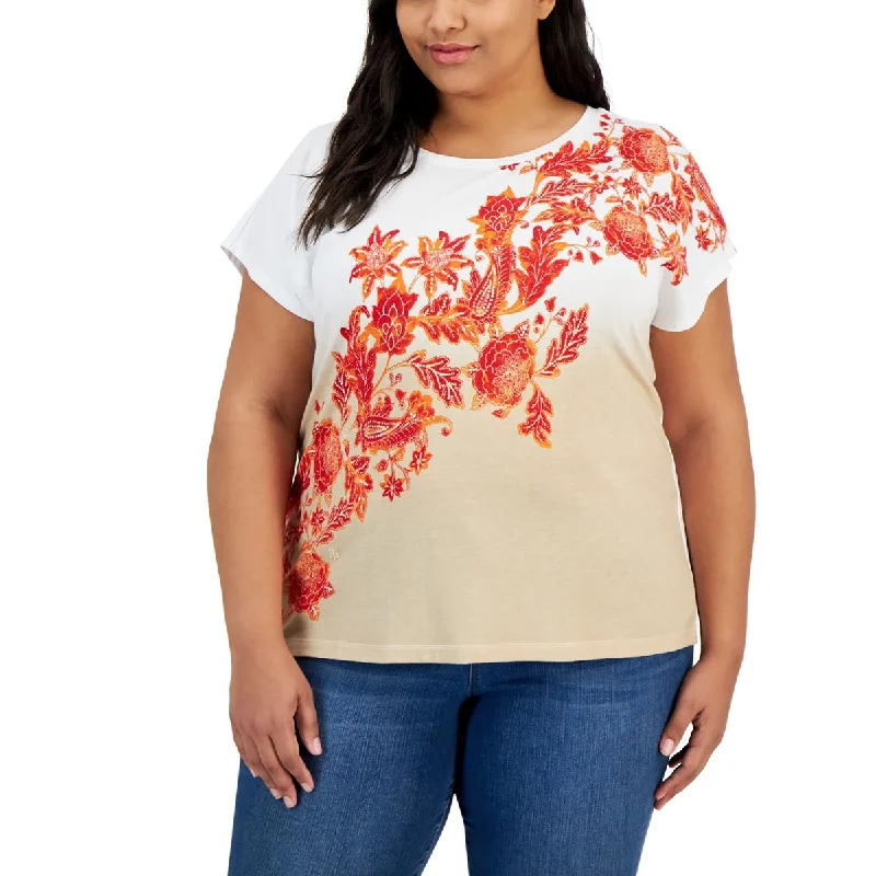 Tommy Hilfiger Womens Plus Floral Print Pullover Top