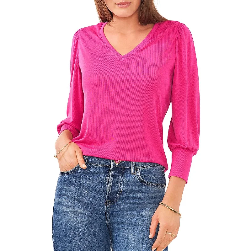 Vince Camuto Womens Ribbed V-Neck Pullover Top