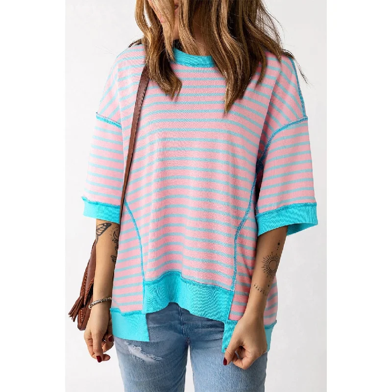 Adley Stripe Oversized Exposed Seam High Low Top