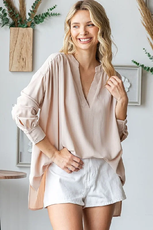 Beige V-Neck Oversized Blouse