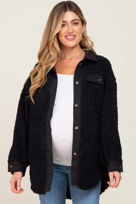 Black Contrast Oversized Sherpa Maternity Coat