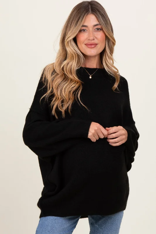 Black Oversized Crewneck Melange Knit Maternity Sweater