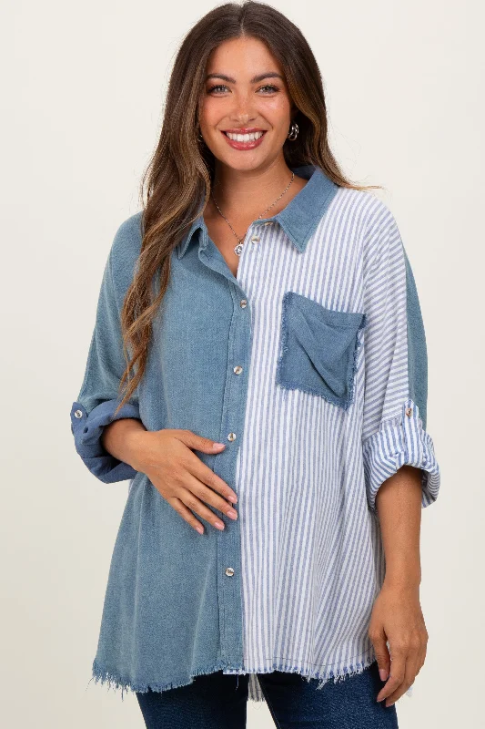 Blue Colorblock Stripe Oversized Maternity Button Down