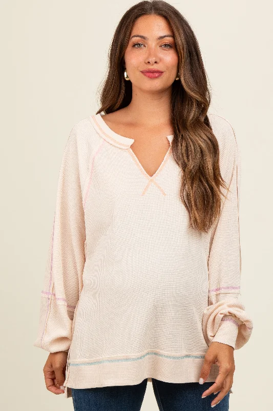 Cream Split Neck Oversized Maternity Long Sleeve Top