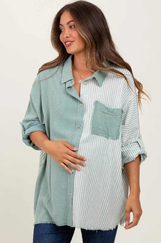 Light Olive Colorblock Stripe Oversized Maternity Button Down