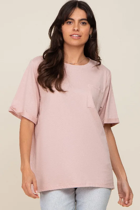 Light Pink Oversized Pocket Front Short Sleeve Top