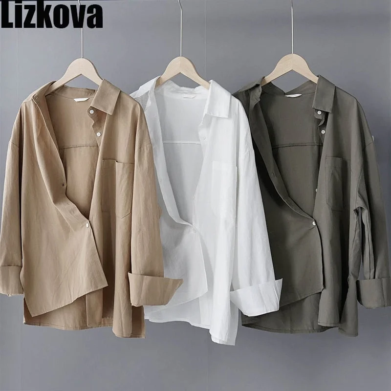 Lizkova 100% Cotton White Blouse Women Long Sleeve Oversized Shirt 2020 Spring Japenese Lapel Ladies Casual Tops 8887