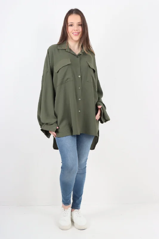 Pocket Balloon Sleeve Oversized Shirt Top