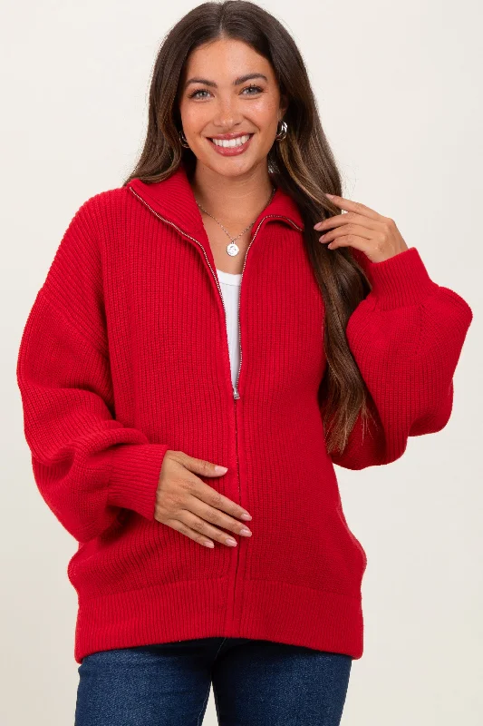 Red Oversized Zip Up Maternity Cardigan