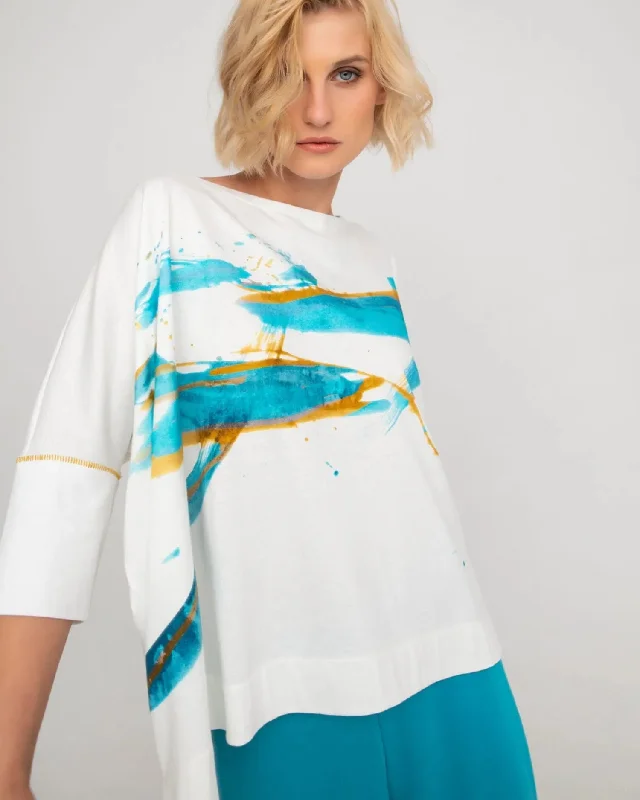 Ozai N Ku Oversized Seagull Top, White/Turquoise