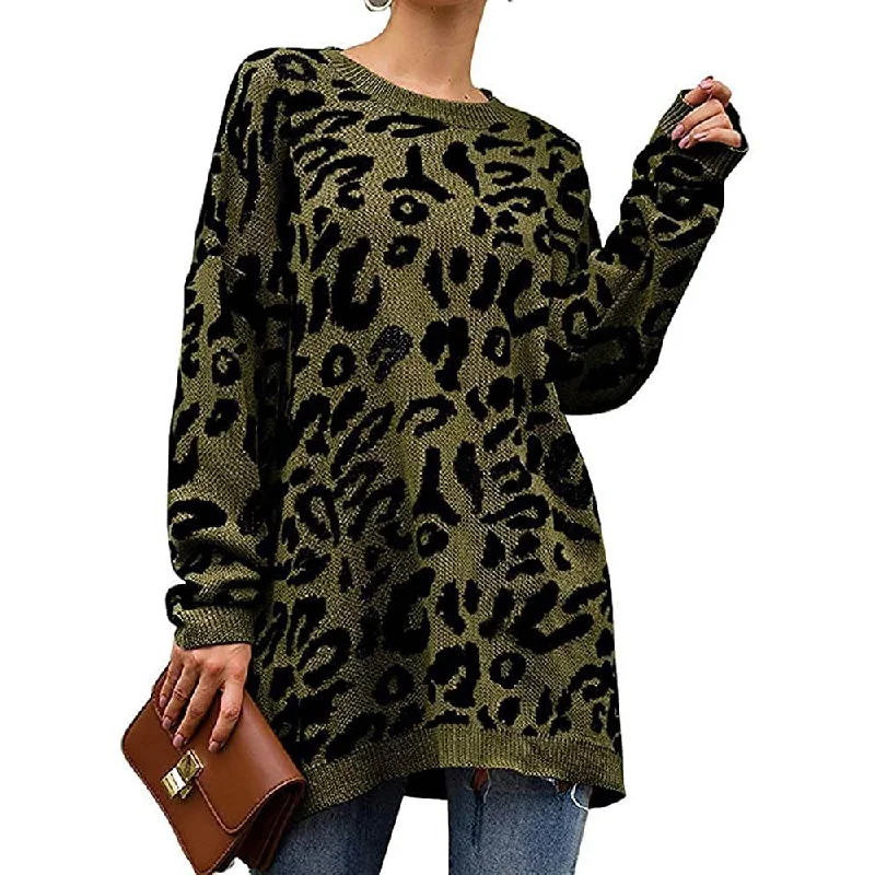 Women’s Casual Leopard Print Long Sleeve Crew Neck Knitted Oversized Pullover Sweaters Tops