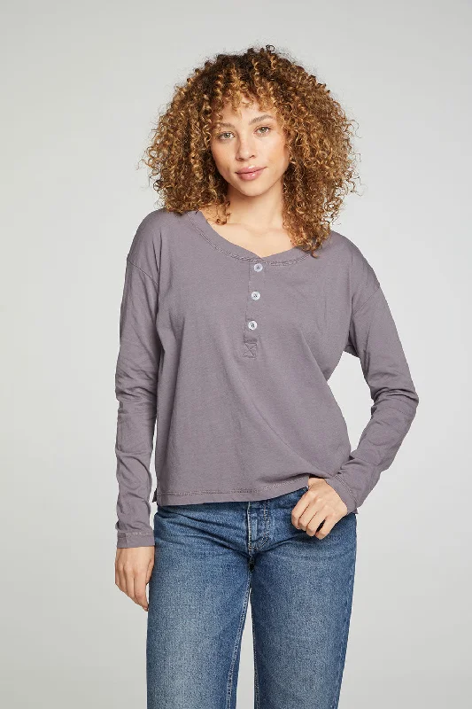 Cropped Boxy Long Sleeve Henley With Side Slits