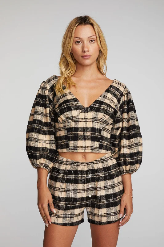 Flannel Puff Sleeve Cropped Blouse