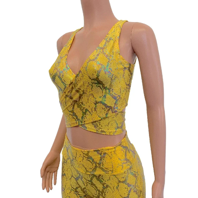 Crop Wrap Top - Yellow Snakeskin Holographic