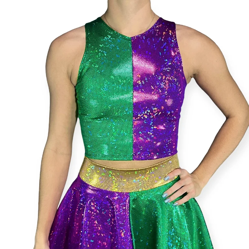 High Neck Crop Tank Top - Mardi Gras Purple & Green