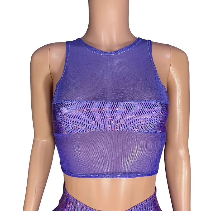 Mesh Censor Crop Tank - Lavender Mesh w/ Shattered Glass Holographic