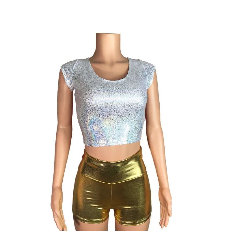 Cap Sleeve Crop Top - Silver Holographic