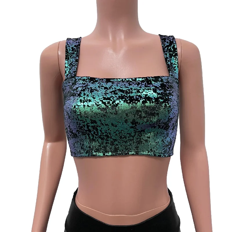 Wide Strap Square Neckline Crop Top -  Green on Black Gilded Velvet