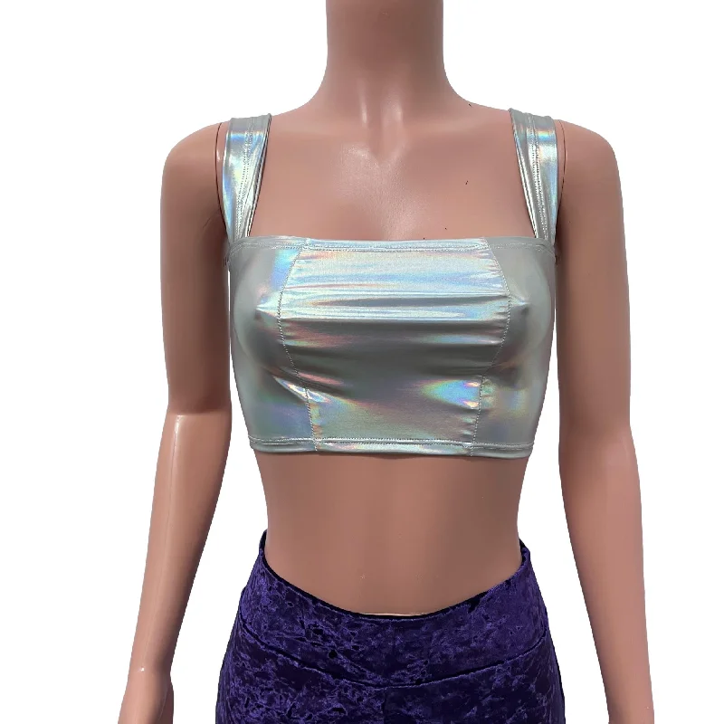 Wide Strap Square Neckline Crop Top - Opal Holographic