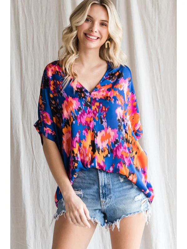 Abstract V-Neck Shift Top, Royal