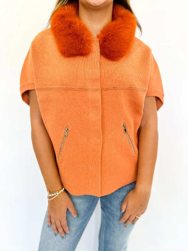 Burnt Orange Faux Fur Trim Cardigan