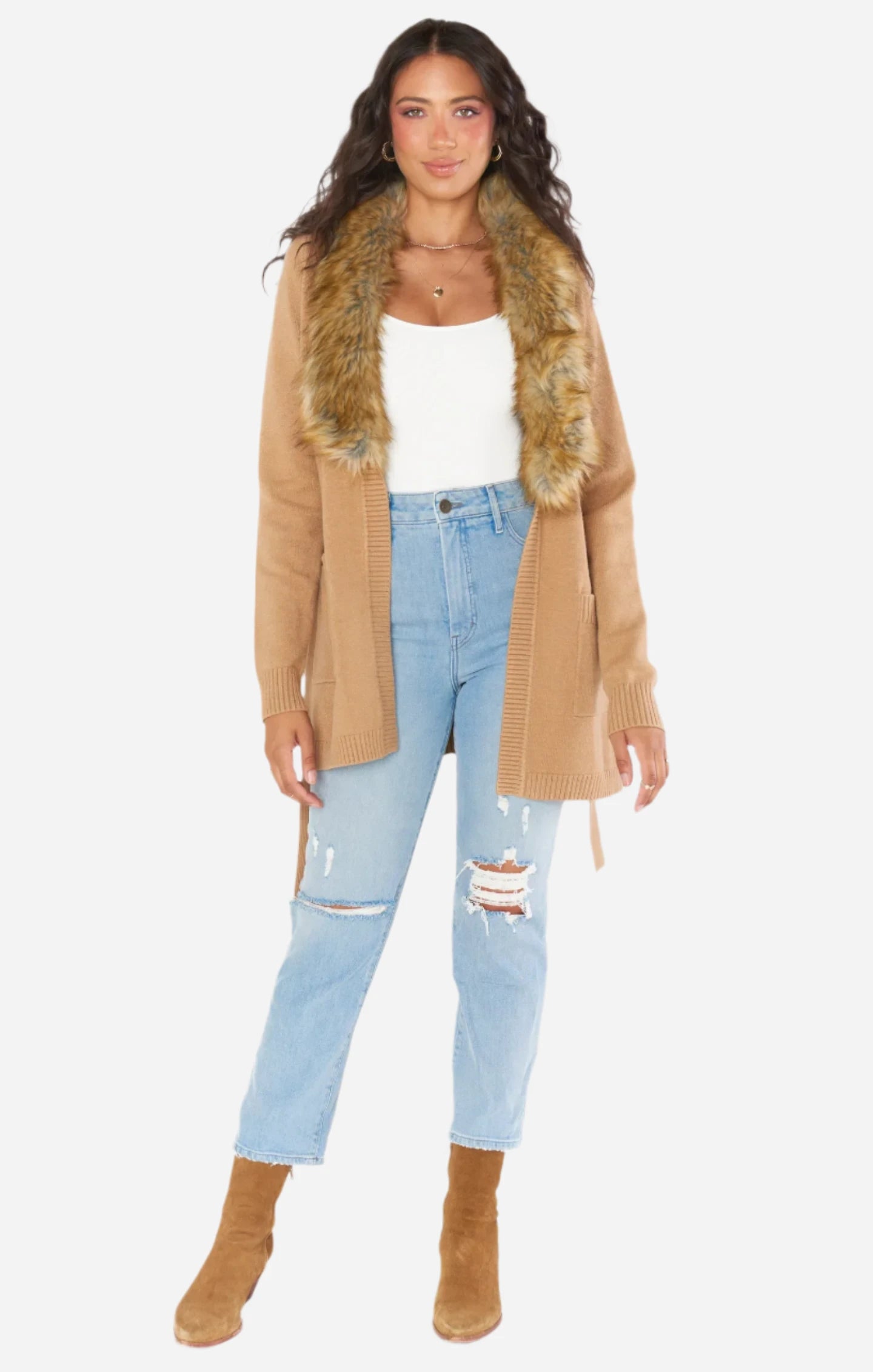 Show Me Your Mumu Cabin Cardigan Camel Knit with Faux Fur