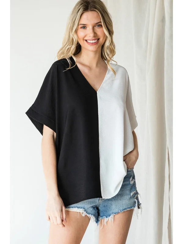 Duo-Tone V-Neck Shift Top