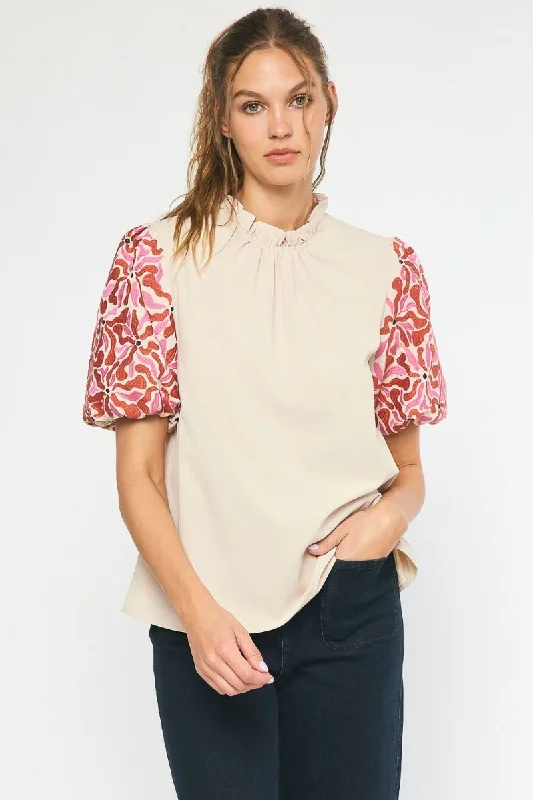 Embroidered Puff Sleeve Top, Natural