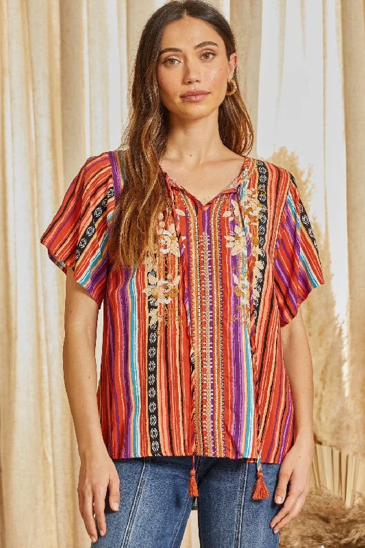 Floral Embroidered Striped Top