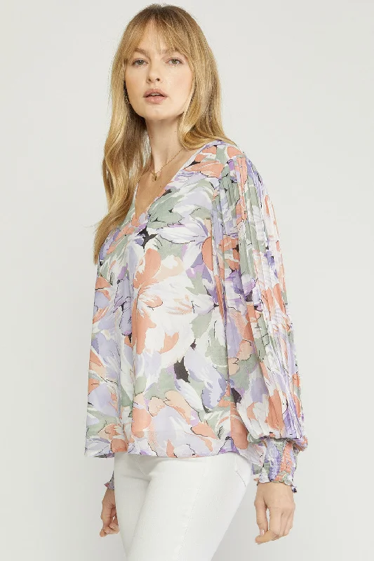 Floral Pleated Sleeve Blouse