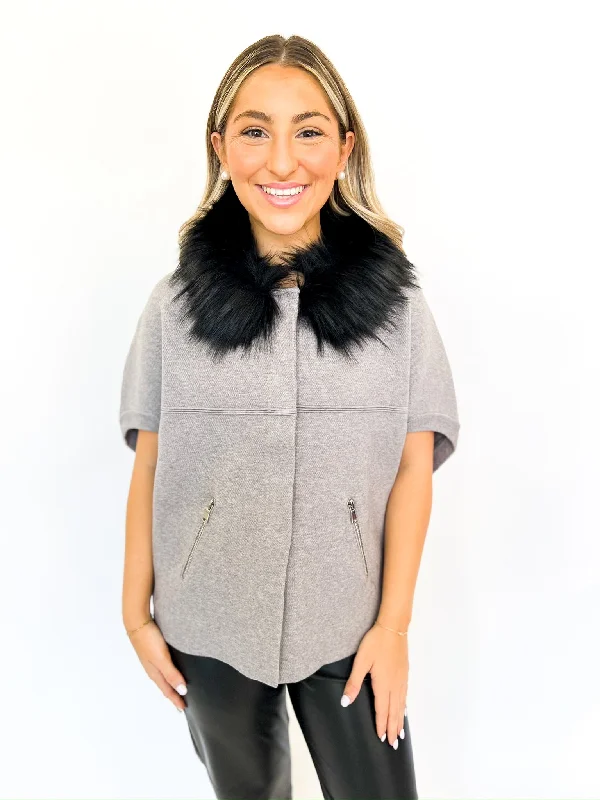 Grey/Black Faux Fur Trim Cardigan