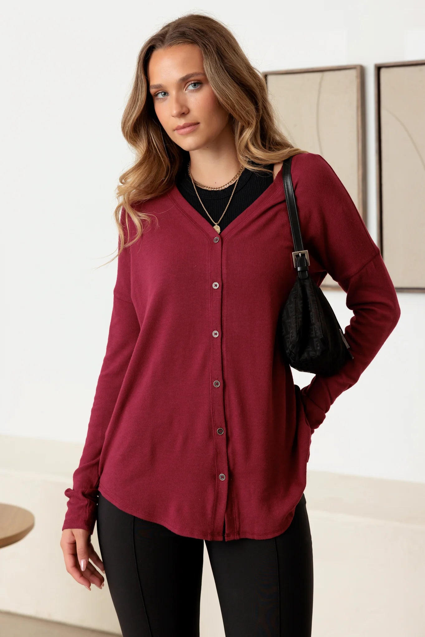 Burgundy V-Neck Long Sleeve Cardigan