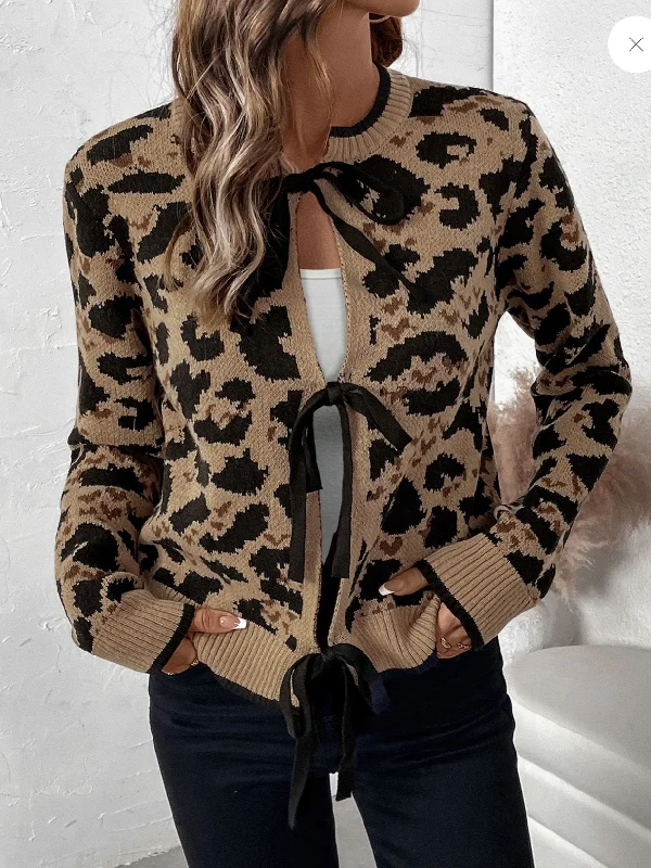 Leopard Print Bow Tie Knitted Cardigan